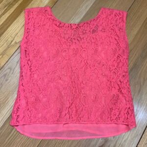 Express Blouse Womens Size Medium Pink Lace Overlay Sheer Hem Tank Top Coral